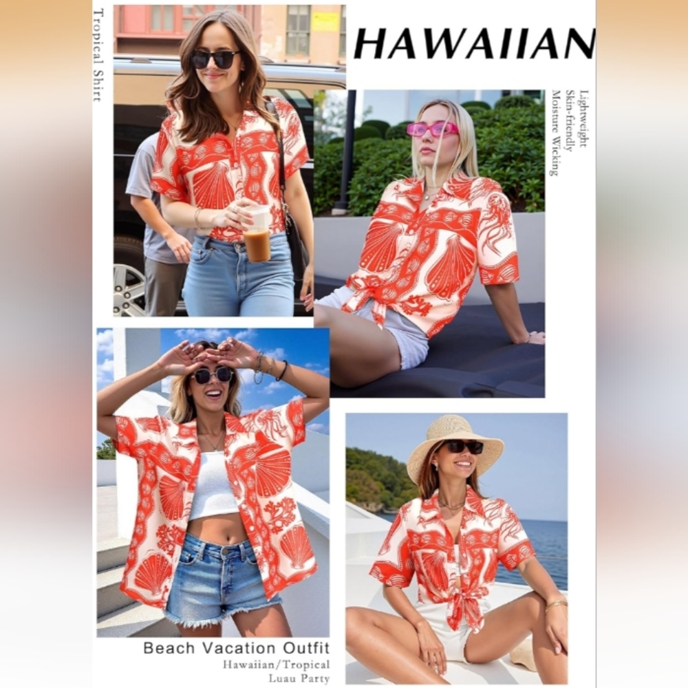 NWT Women's Red Orange Large Shell Hawaiian Button-Down Shirt Tropical Luau Soft